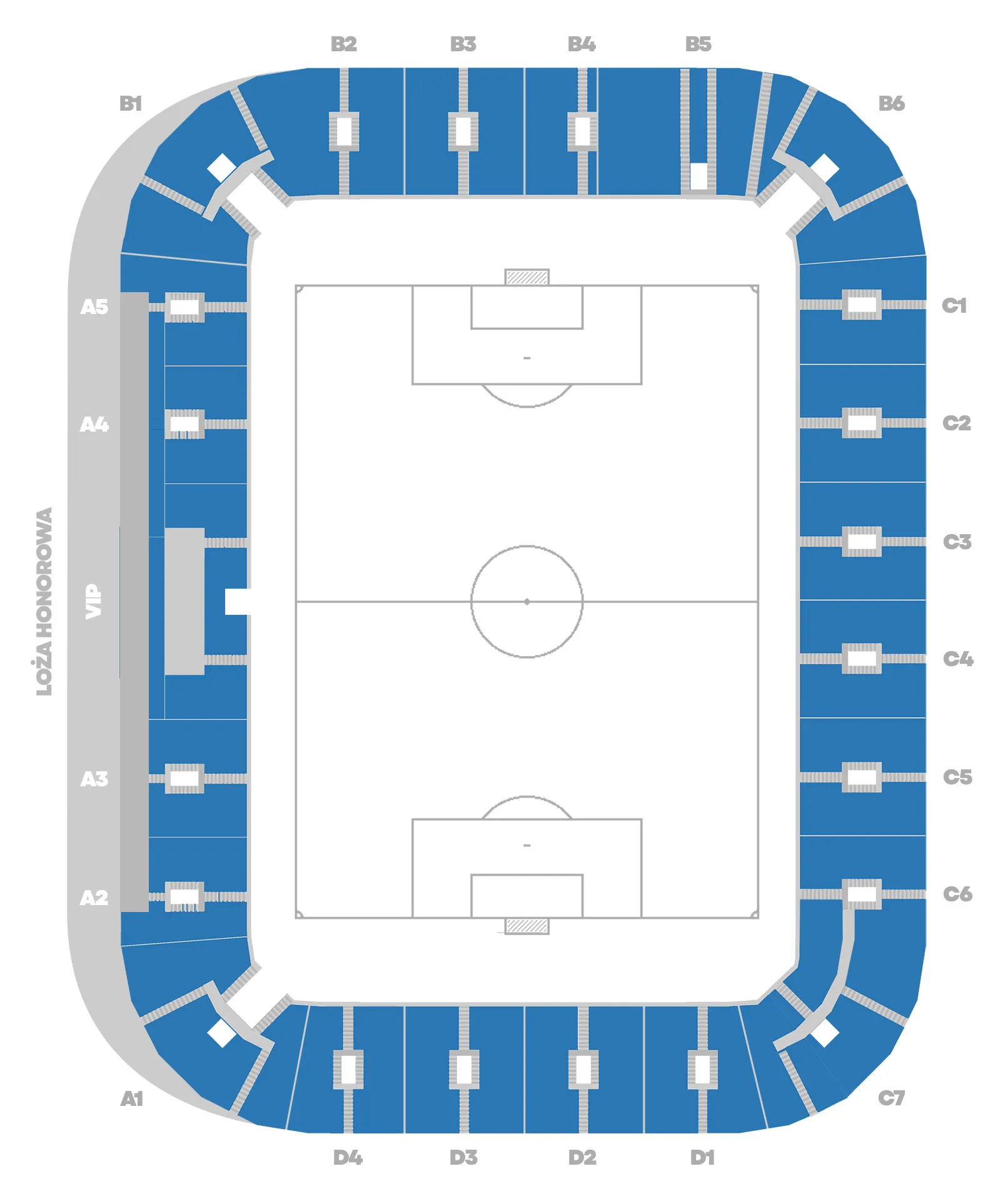 Schematu stadionu z wydzielonymi sektorami dla widzów, oznaczonymi literami i cyframi.