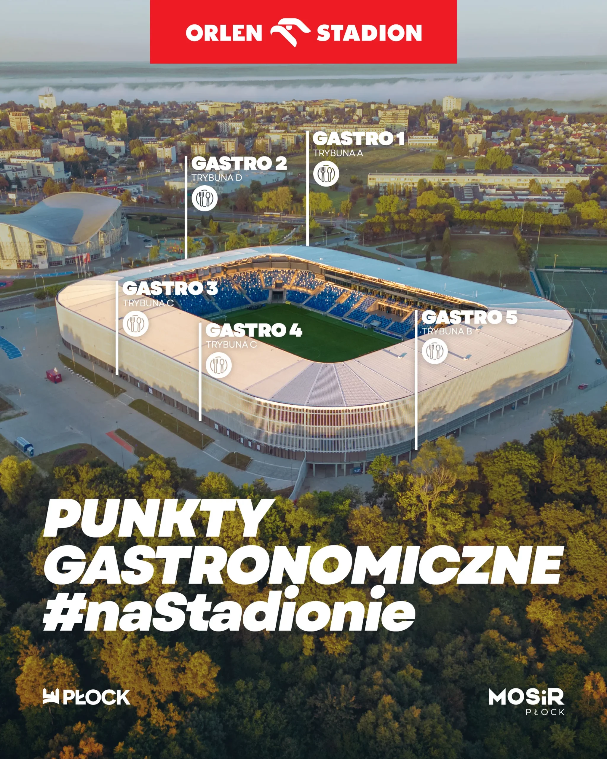 Widok na Orlen Stadion w Płocku z oznaczonymi punktami gastronomicznymi dla widzów.