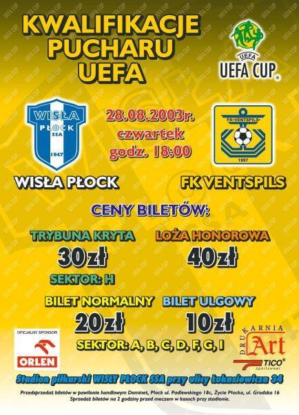 Plakat promujący kwalifikacyjny mecz do Pucharu UEFA między Wisłą Płock a FK Ventspils