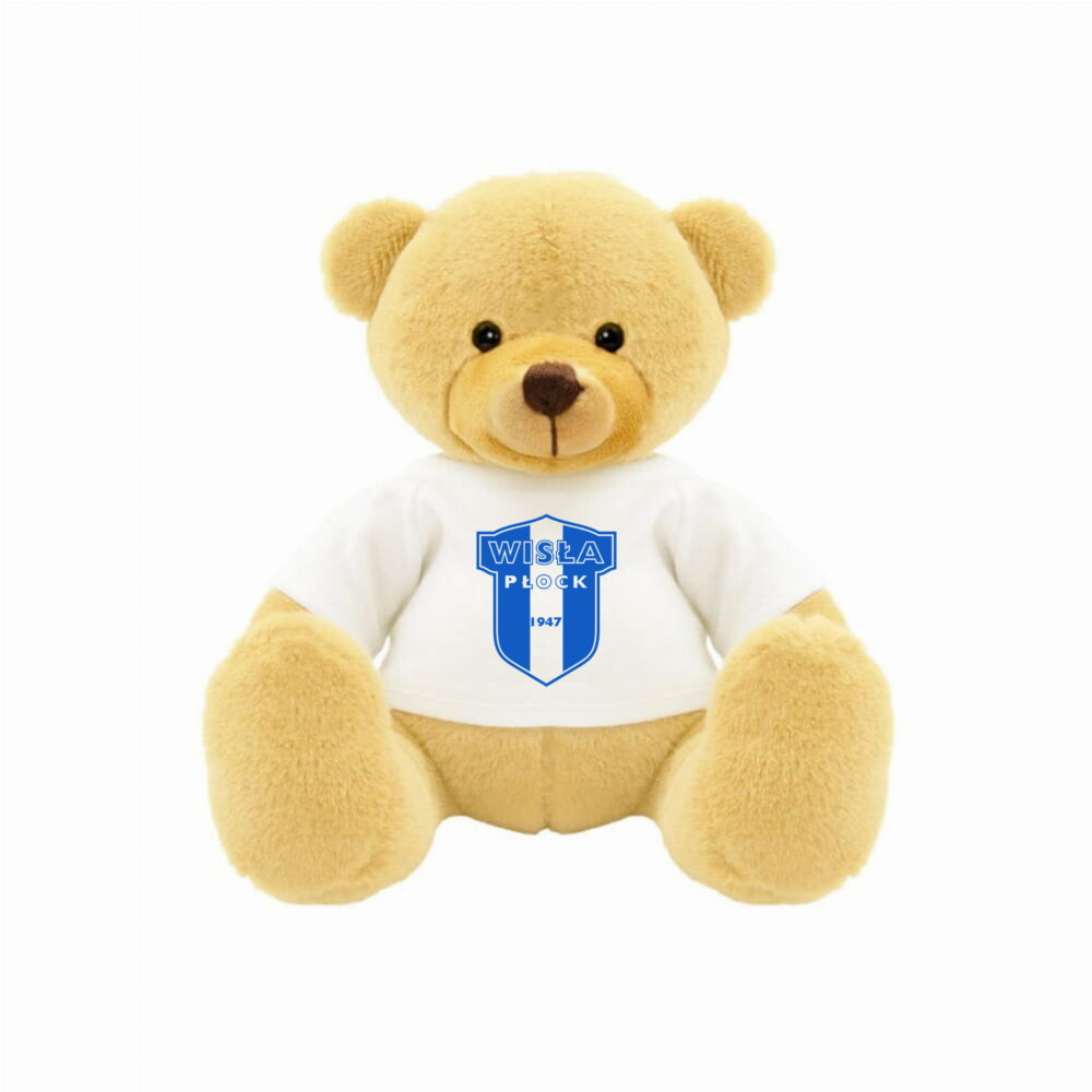 Mały pluszowy miś w białej koszulce z herbem Wisły Płock.