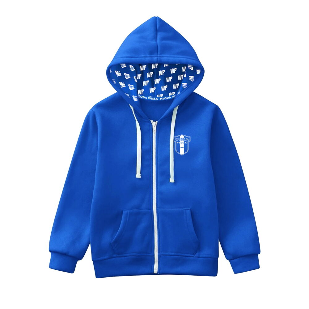 Niebieska bluza dziecięca z kapturem w rozmiarze 104, z białym zamkiem i kieszeniami, z logo Wisły Płock na piersi oraz wnętrzem kaptura z motywem WP.