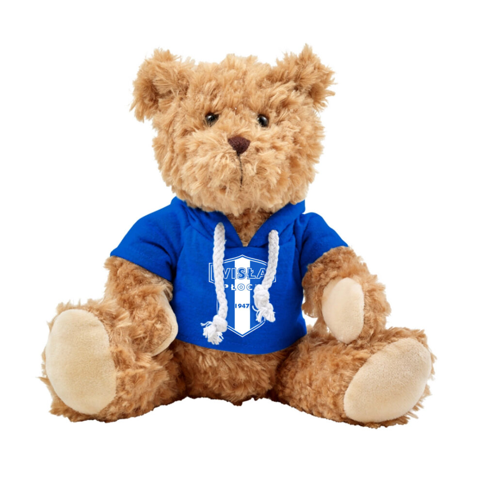 Duży pluszowy miś ubrany w niebieską bluzę z logo Wisły Płock.