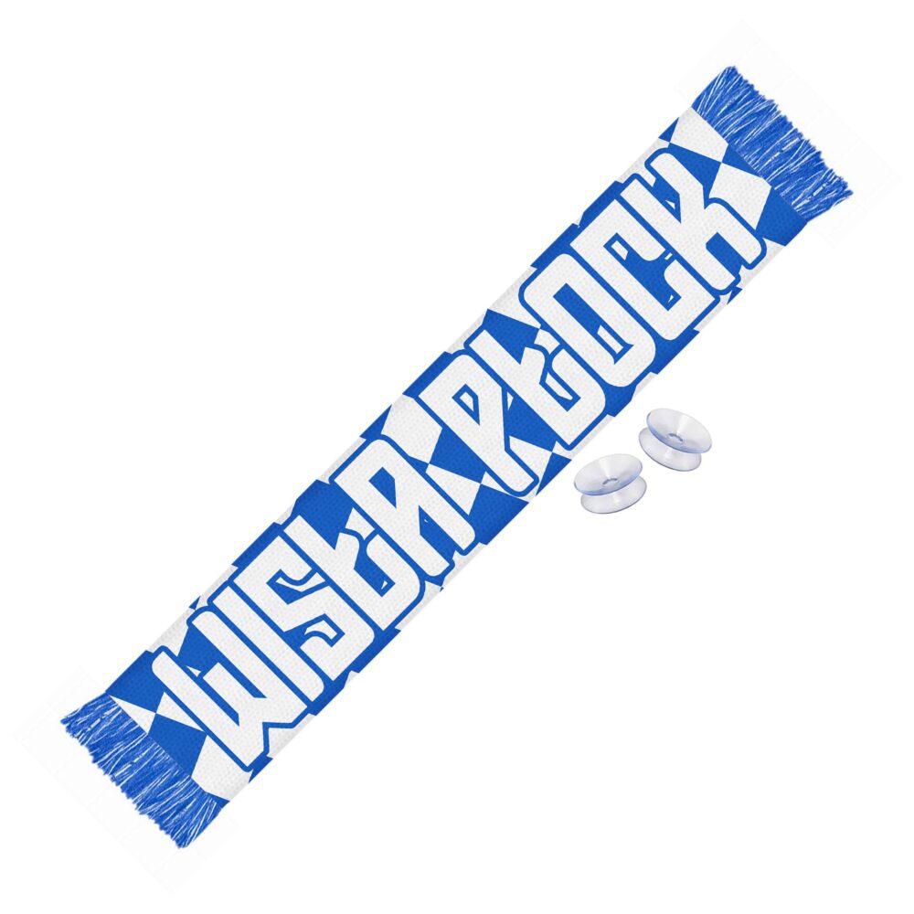 Niebiesko-biały szalik samochodowy z napisem Wisła Płock i frędzlami na końcach.