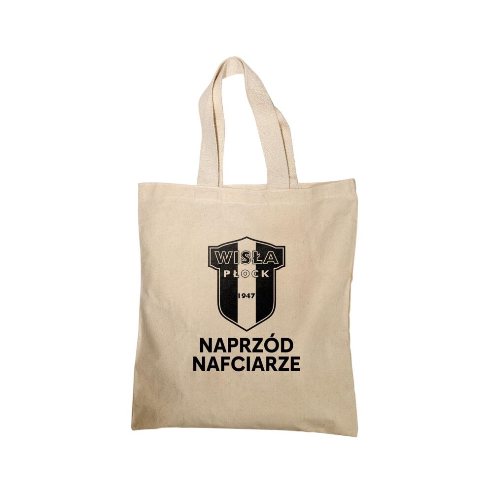 Torba płócienna z czarnym herbem Wisły Płock i napisem Naprzód Nafciarze.