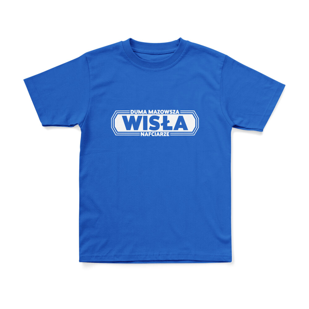 Niebieska koszulka dziecięca z białym logo Wisła na środku przodu.