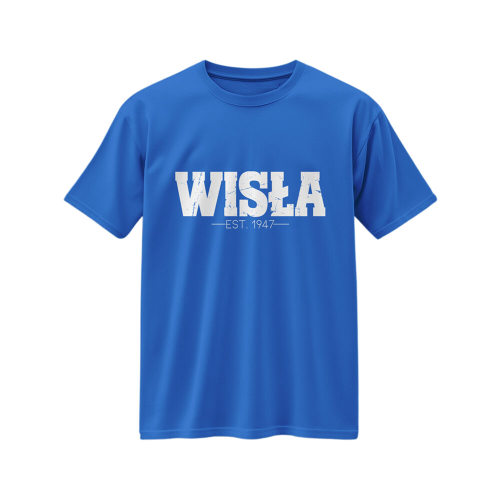 Niebieska koszulka z dużym białym napisem WISLA i dodatkowym tekstem EST. 1947.