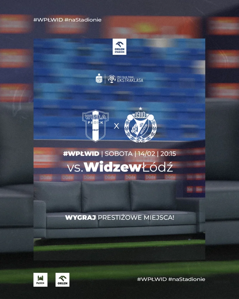 Plakat promujący mecz Wisła Płock – Widzew Łódź w kontekście Walentynek (#WPŁWID), z datą 14/02 o 20:15, hasłem „Wygraj prestiżowe miejsca” i logotypami sponsorów.