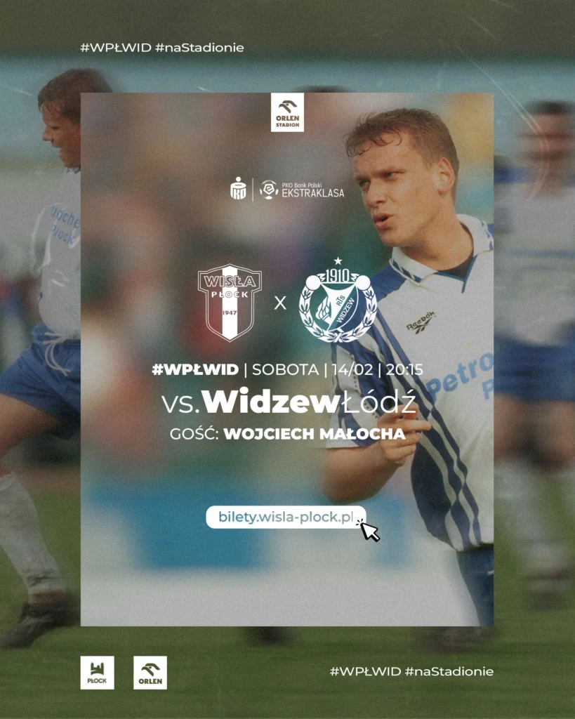 Grafika promująca walentynkowe atrakcje #WPŁWID: mecz Wisły Płock z Widzewem Łódź, 14 lutego o 20:15, z logotypami klubów i przyciskiem z adresem biletów na tle zdjęcia piłkarza.