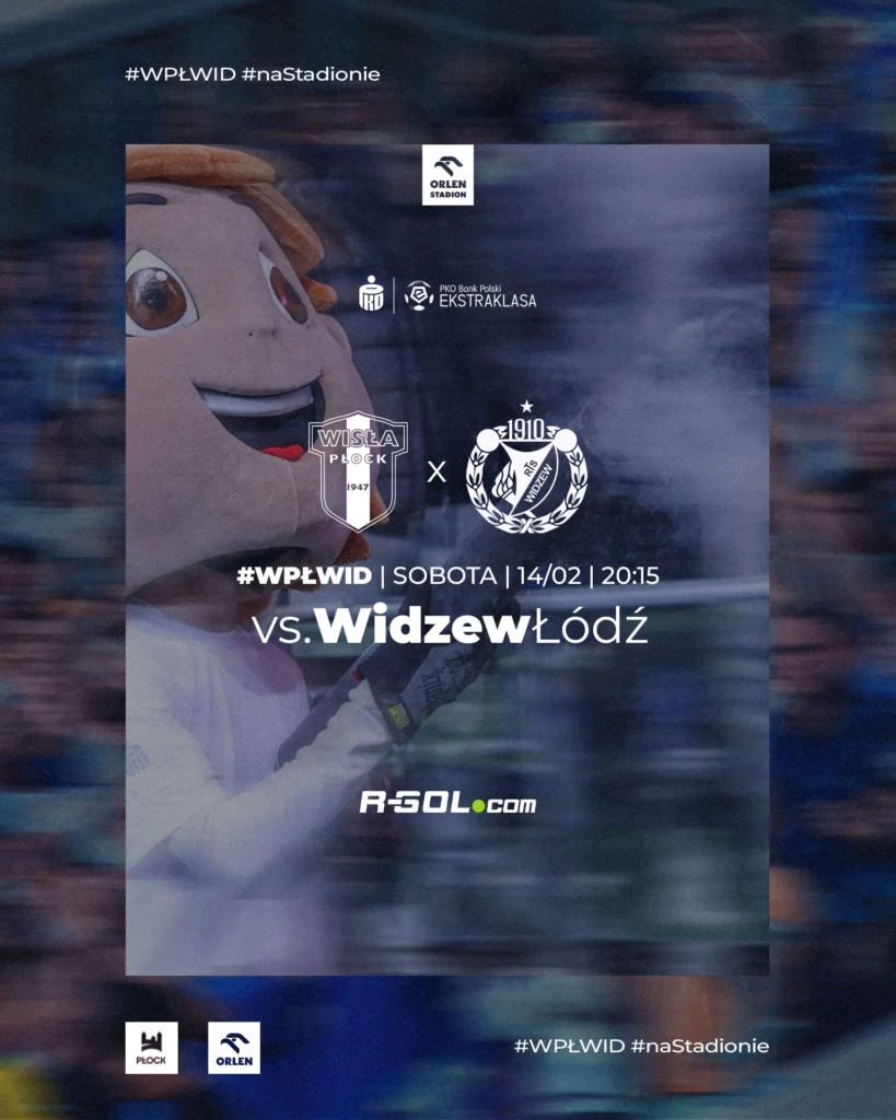 Plakat promujący walentynkowy mecz piłkarski Wisła Płock vs Widzew Łódź na WPŁWID, z maskotką po lewej, logotypami sponsorów i datą 14/02 o 20:15.