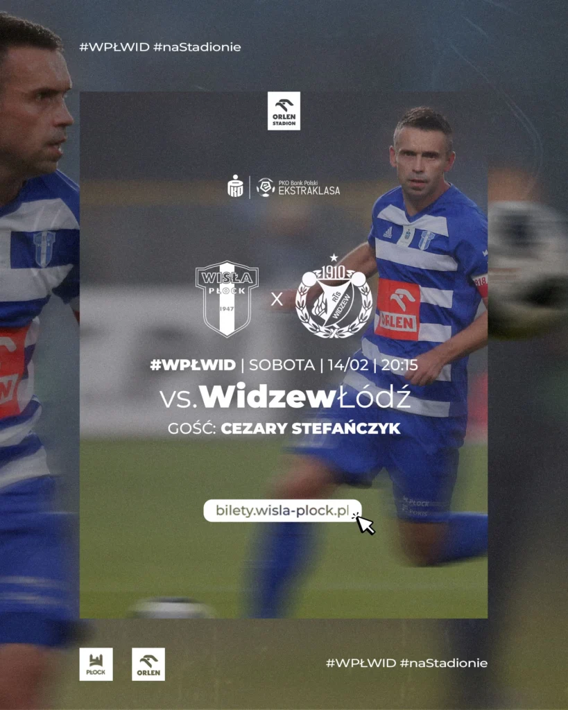 Plakat meczowy Wisła Płock kontra Widzew Łódź z dwoma piłkarzami w biało-niebieskich strojach i informacją o walentynkowych atrakcjach (#WPŁWID).
