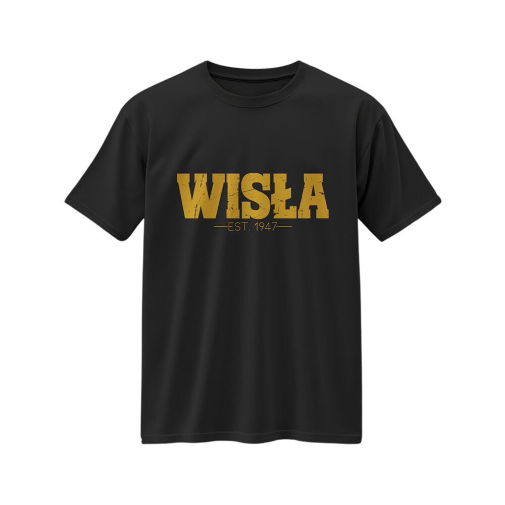 Czarna koszulka z żółtym, postarzanym napisem „WISLA” i legendą „EST. 1947” pod spodem.