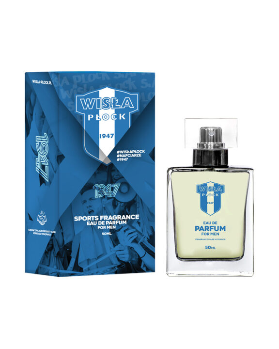 Perfumy męskie Wisła Płock: niebieskie opakowanie z herbem klubu oraz przezroczysta flakonik o pojemności 50 ml z tym samym logo.