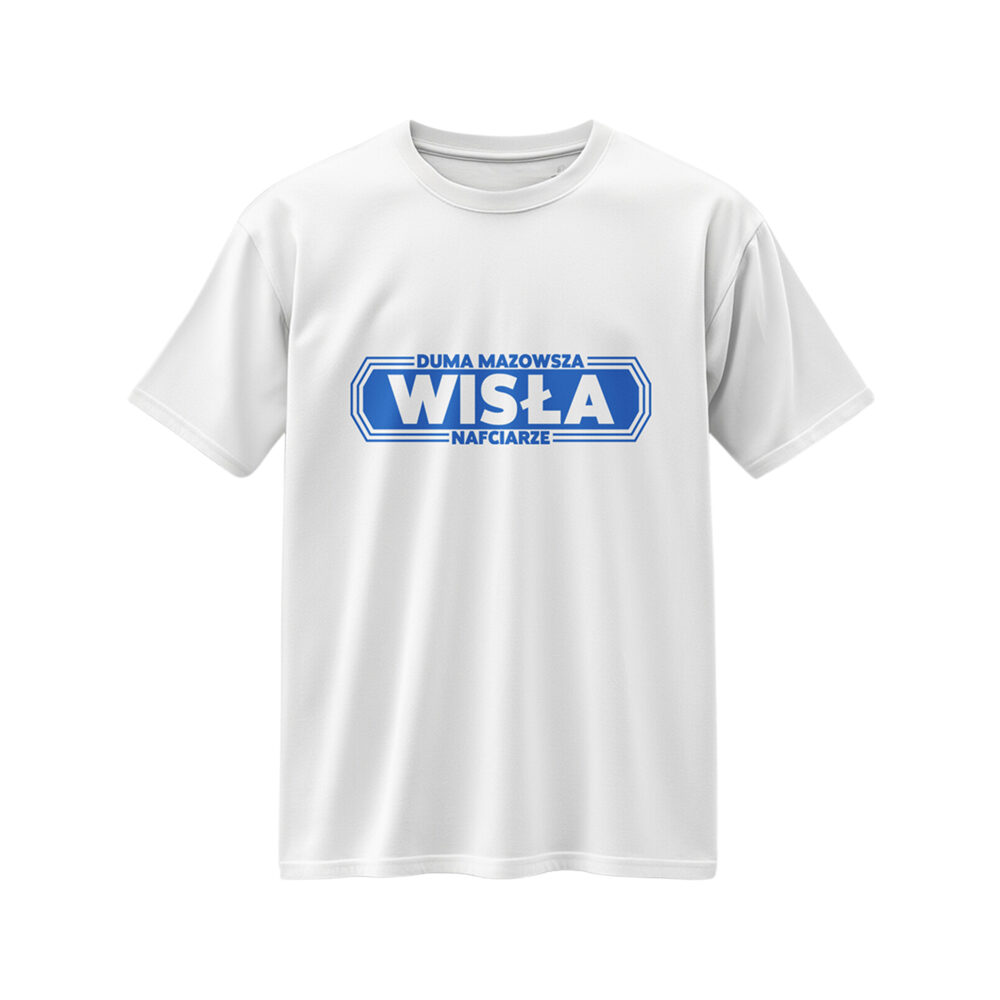 Biała koszulka z dużym niebieskim emblemem Wisła umieszczonym centralnie.