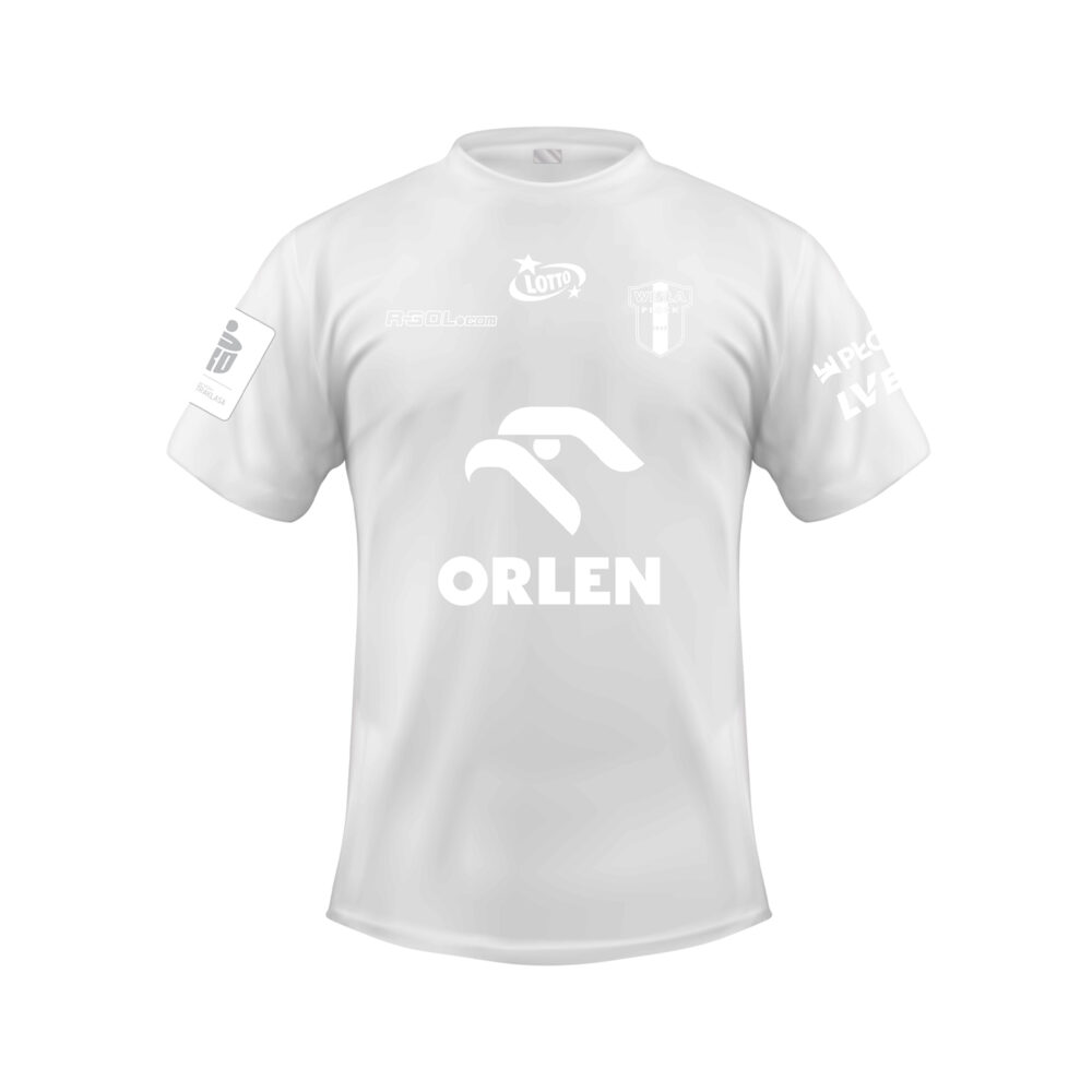Biała koszulka meczowa okolicznościowa Wisły Płock z herbem klubu na piersi i dużym logiem sponsora ORLEN na środku.