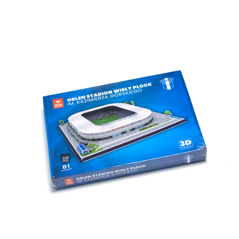 Pudełko puzzli 3D z modelem stadionu Wisły Płock, Orlen Stadion im. Kazimierza Górskiego.