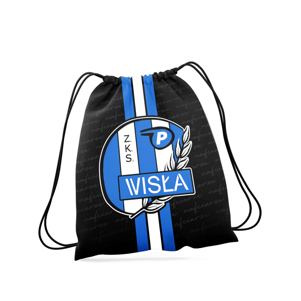 Czarny worek-plecak z niebiesko-białymi paskami i okrągłym emblematem Wisła z napisem WISŁA.