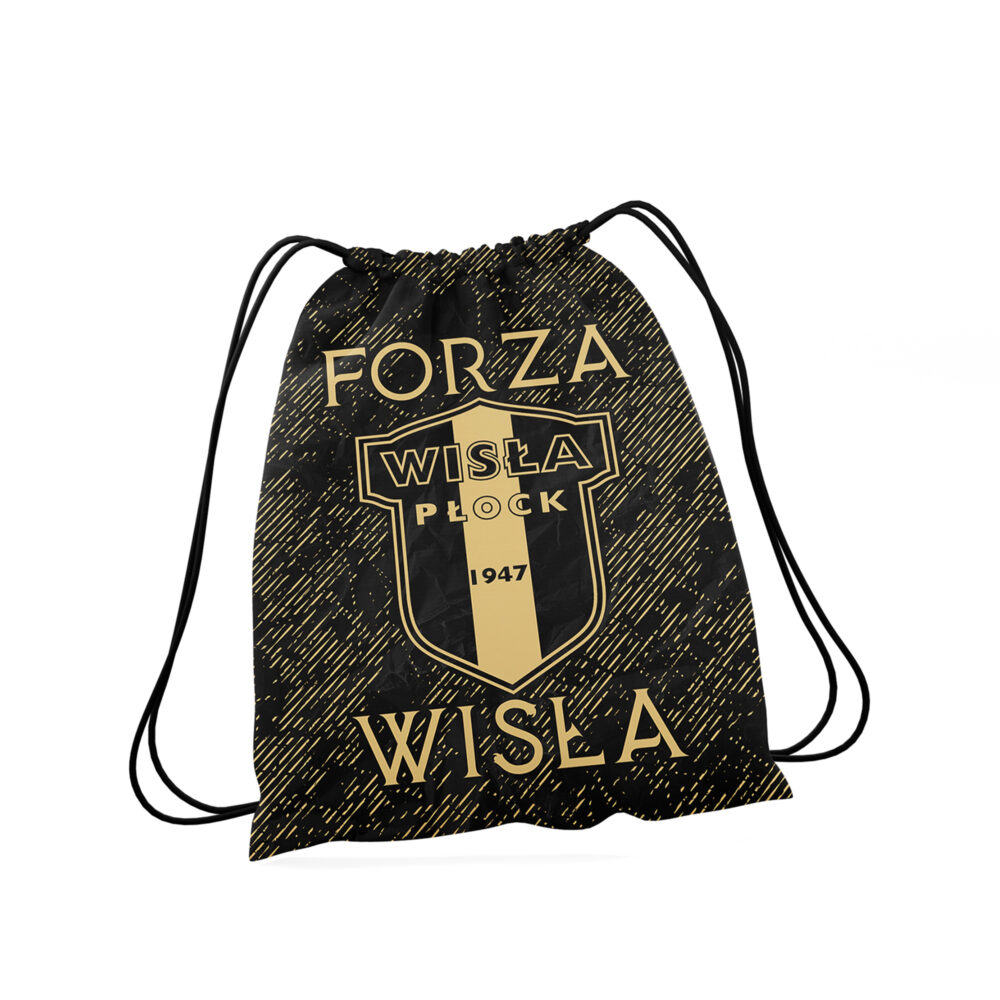 Czarny worek na sznurek z złotym herbem Wisły Płock i napisem FORZA WISŁA PŁOCK 1947.