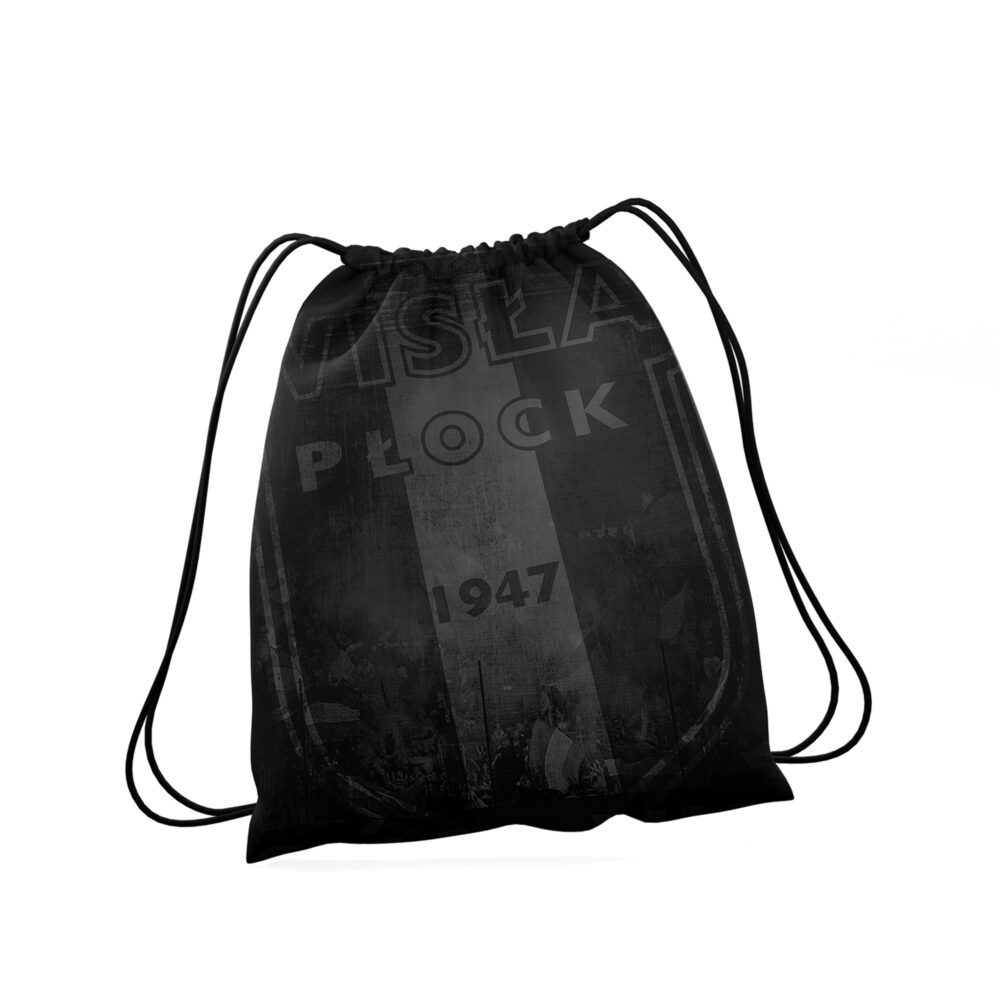 Czarny worek na sznurki z postarzanym motywem graficznym nawiązującym do Wisły Płock i napisem „Wisła Płock” oraz rocznikiem 1947.