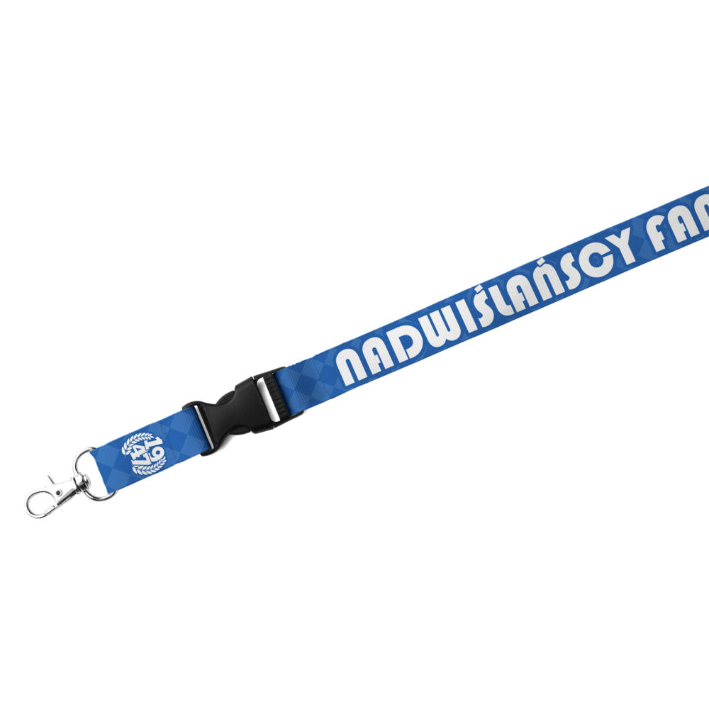 Smycz w niebiesko-białych barwach z nadrukiem i metalowym klipsem, przeznaczona dla kibiców w klubowych barwach.