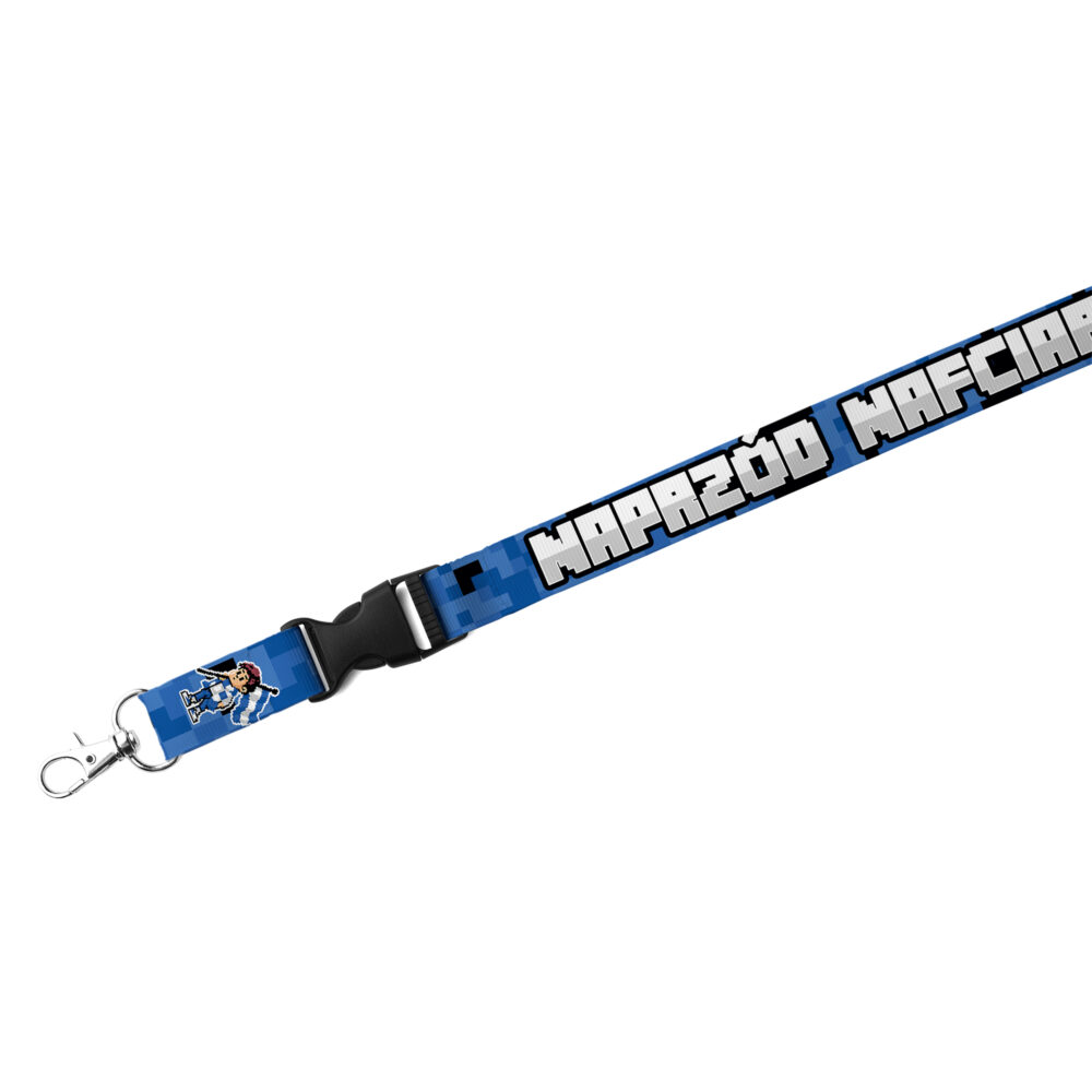 Niebieska smycz z klamrą i karabińczykiem, ozdobiona grafiką w stylu pixel art oraz dużymi białymi literami.