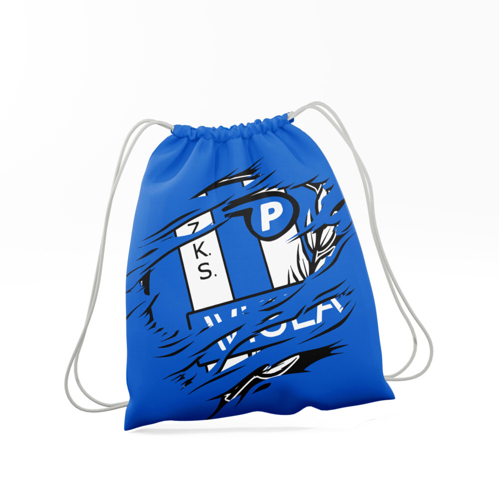 Niebieski worek sportowy na białe sznurki z dynamicznym czarno‑białym motywem przypominającym herb klubu.