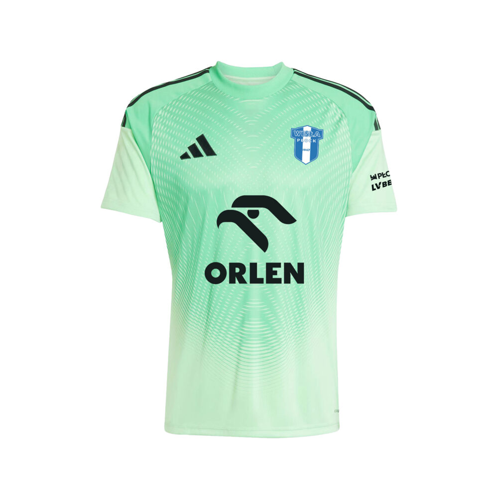 Bramkarska zielona koszulka piłkarska z wzorem na przodzie, z herbem Wisły Płock na piersi, logiem ORLEN w centralnym polu i logo Adidas po lewej stronie.