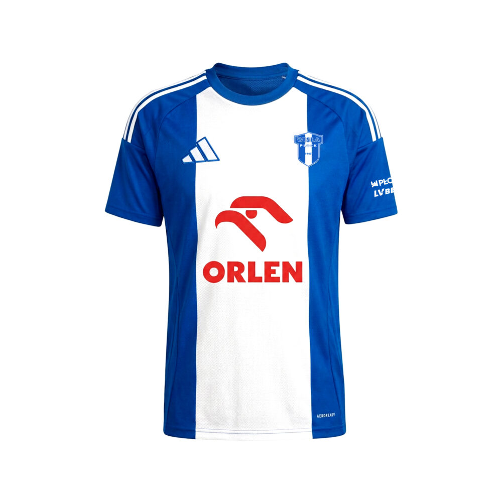Koszulka meczowa domowa Wisły Płock na sezon 25/26, niebiesko-biała z pionową białą wstawką, z czerwonym logotypem Orlen na środku i herbem klubu na piersi.
