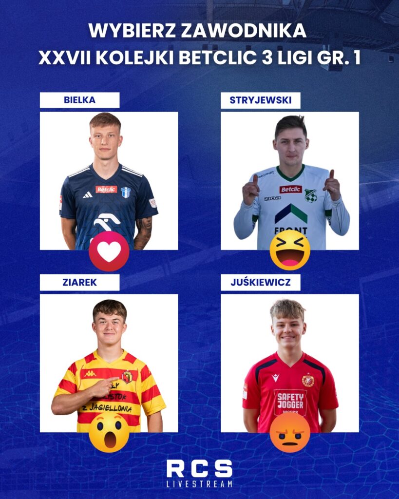 Grafika informacyjna zapowiadająca wybór zawodnika do jedenastki 27. kolejki Betclic 3 Ligi, przedstawiająca czterech piłkarzy w koszulkach na niebieskim tle.