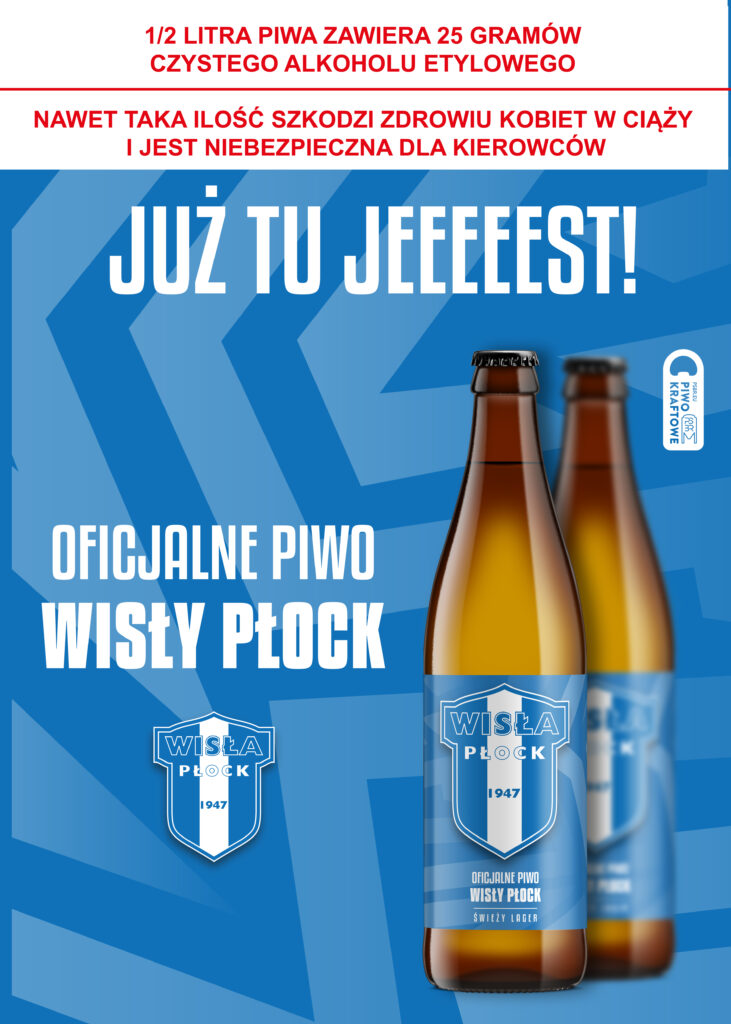 Plakat reklamujący partnerstwo Wisły Płock z Browarem Waszczukowe, z dwoma butelkami piwa Wisła Płock na niebieskim tle i logiem klubu.
