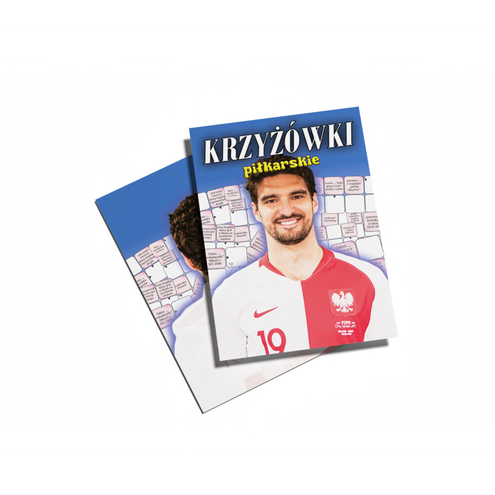 Okładka magazynu „Krzyżówki piłkarskie” z uśmiechniętym piłkarzem w biało‑czerwonej koszulce z orłem, na tle krzyżówek.