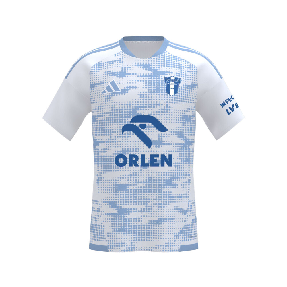 Meczowa koszulka wyjazdowa Wisły Płock, biała z niebieskim pikselowym wzorem, z herbem klubu, logiem Adidas i napisem ORLEN.