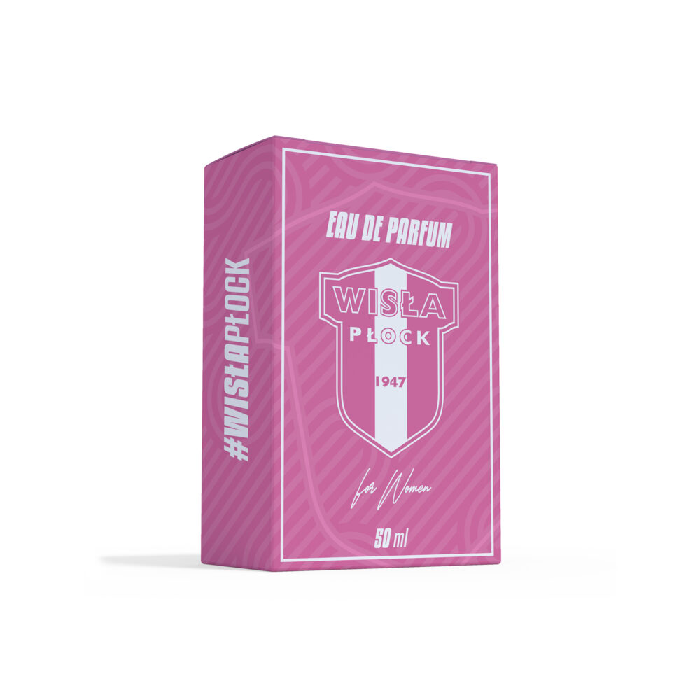 Różowe pudełko perfum z herbem Wisły Płock i napisem Eau de Parfum.